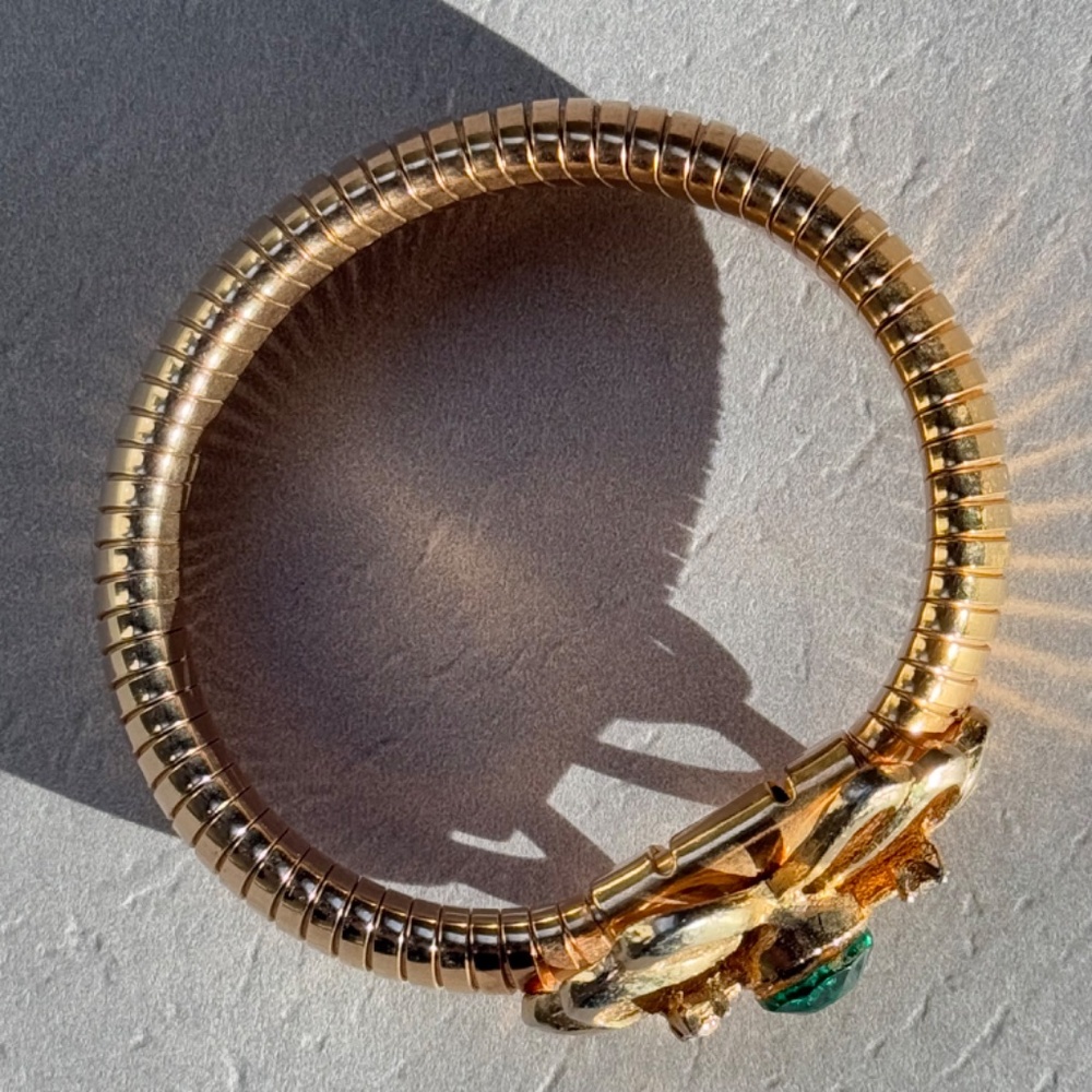 Bracelet Stretch Golden Green Clear Rhinestones Golden Vintage - Picture 4 of 6